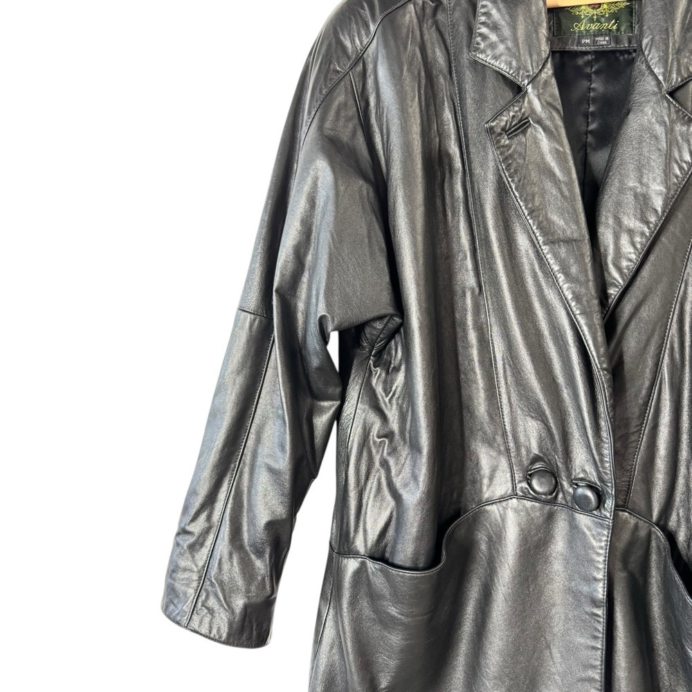 Vintage Avanti Black Genuine Leather Long Trench Coat PM - Picture 7 of 14